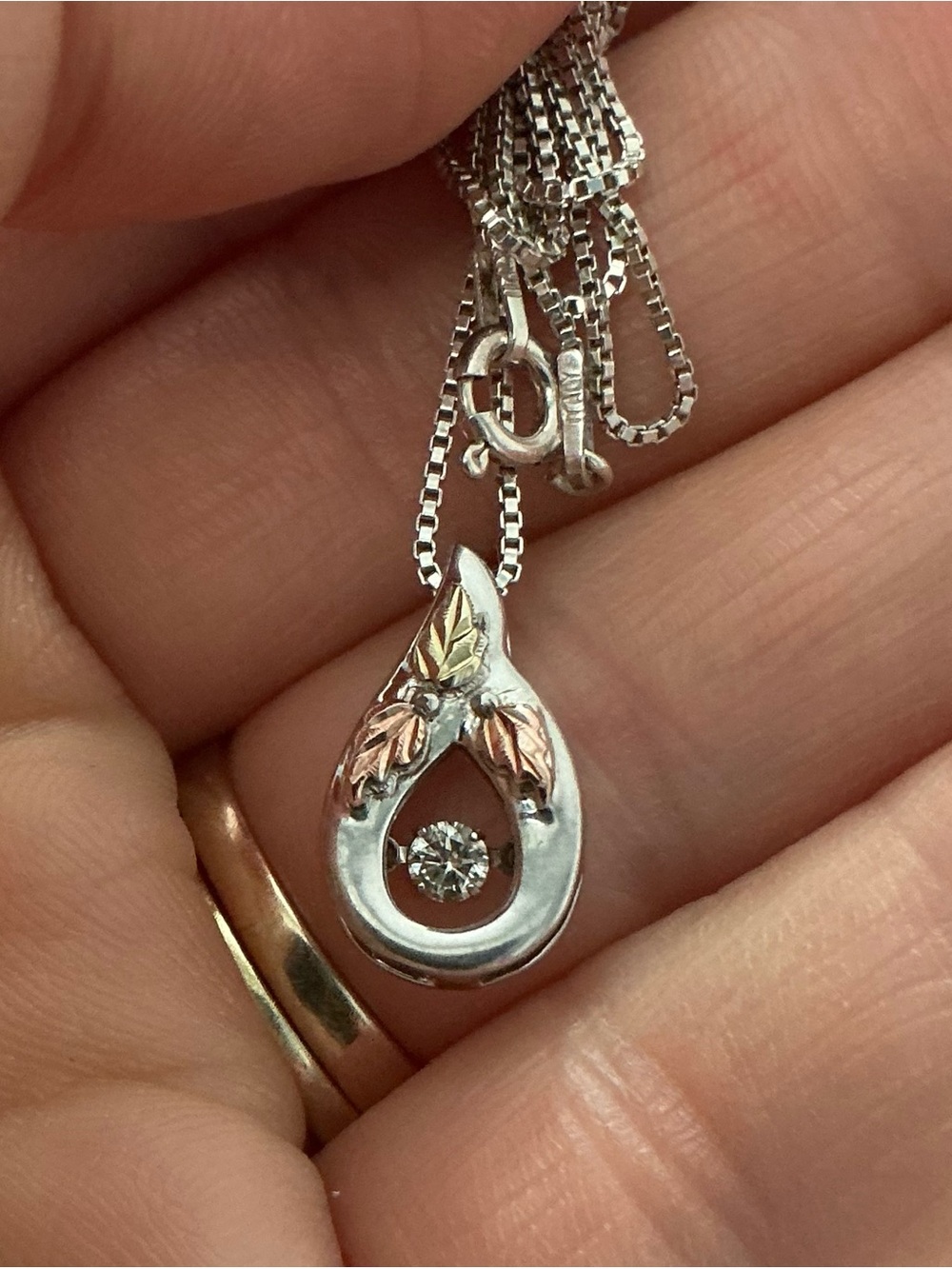 Black Hills Gold Silver Glimmer Diamond Teardrop Necklace 925 12K Leaves